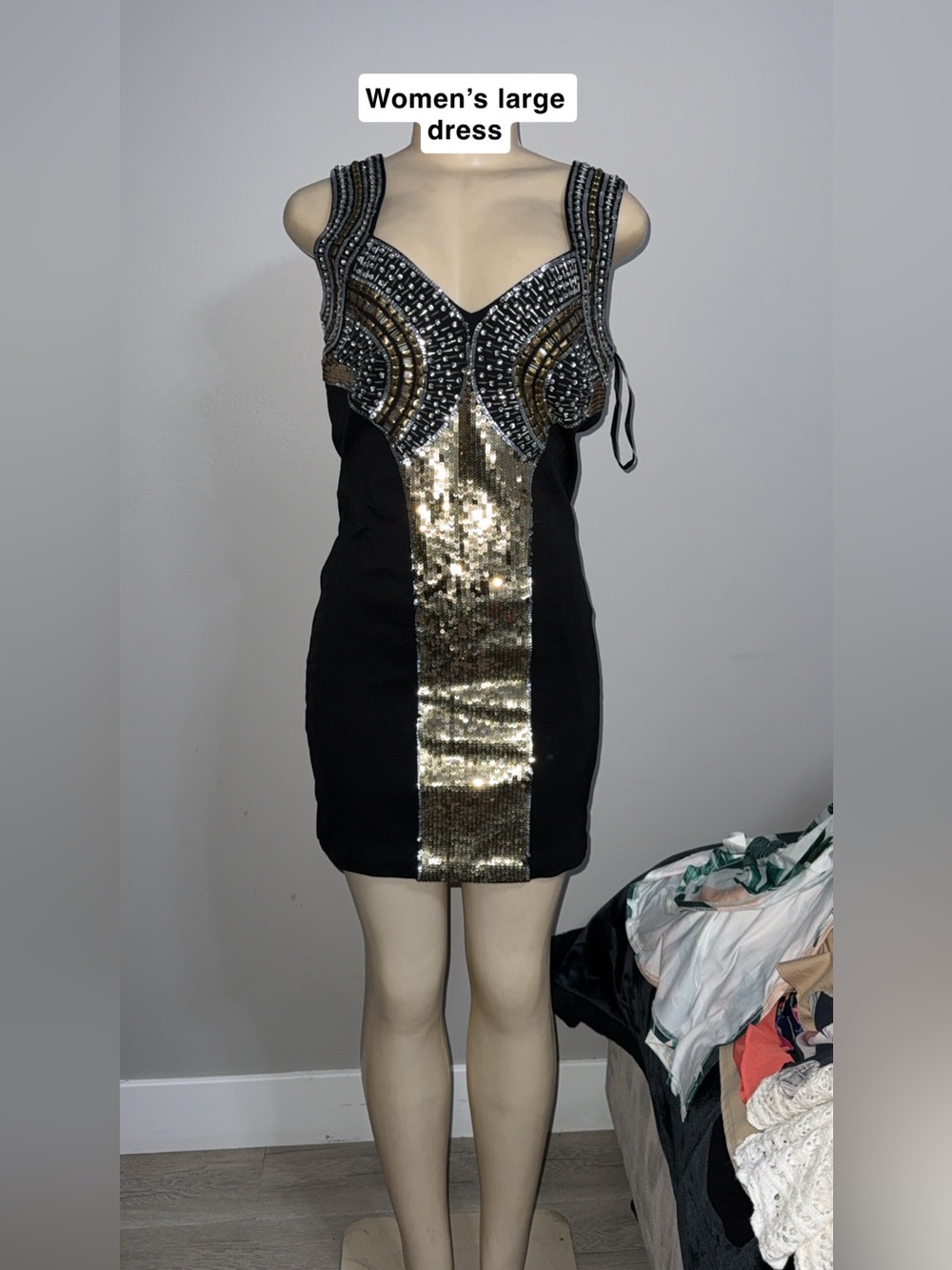 bebe Black Mini Dress with Gold Sequin Front Panel